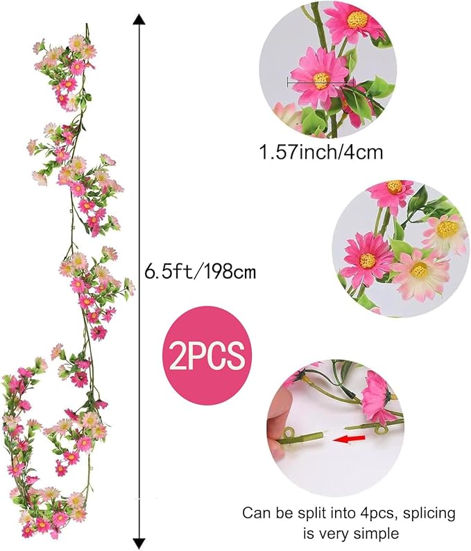 2 Pack Pink Flower Garland Daisy Flowers Silk Artificial Wildflower 13ft Wedding Floral Garland Fake Hanging Vines for Party Decoration Wall Backdrop Table Runner Indoor Outdoor Decor Multicolored