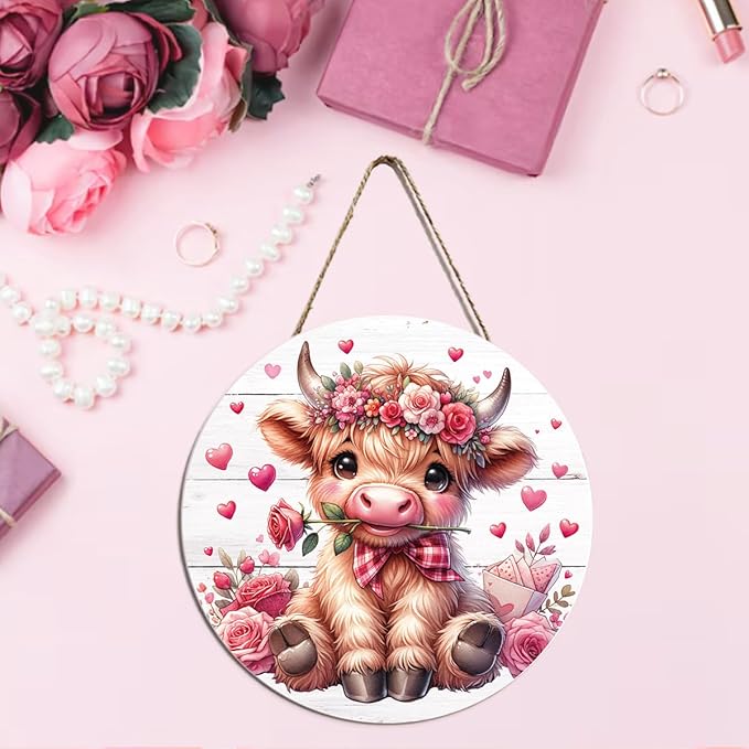 Valentines Day Wall Decor, Valentines Day Door Decorations, Gift for Boyfriend Girlfriend Wife, Pink Heart Rose Highland Cow Wood Hanging Sign Anniversary Porch Home Office Door Decor