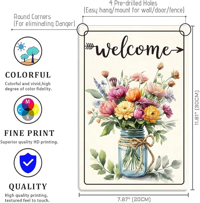 Funnysign Vintage "Welcome" Tin Sign – Rustic Floral Bouquet in Mason Jar – Metal Wall Decor for Home, Porch, Garden – 8x12 Inches (9821)