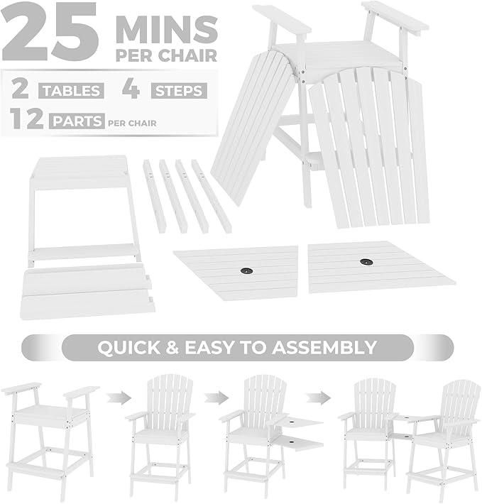 GarveeLife Outdoor Bar Height Adirondack Chairs with Connecting Tray, Balcony Chairs Adirondack for Deck, Backyard, Outdoor Tall AdirondackChairs, Patio High AdirondackChairs Set of 4