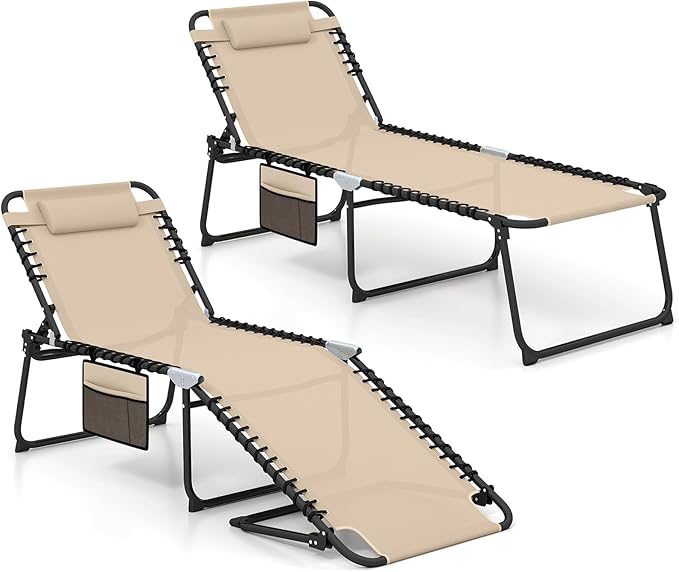 GYMAX Lounge Chair for Outside, 440lbs 27” Oversize Folding Beach Tanning Sunbath Chair with Adjustable Backrest & Removable Pillow, Lightweight Portable Patio Lounger for Lawn Poolside (Sand,2)