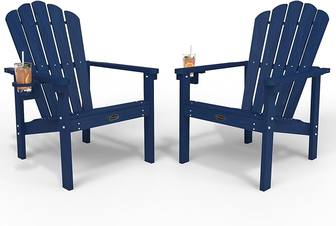 Stackable Adirondack Chair Set of 2, HDPE All-Weather Adirondack Chairs - Durable and Space Saving, Plastic Outdoor Fire Pit Chairs with Cup Holder,Navy Blue