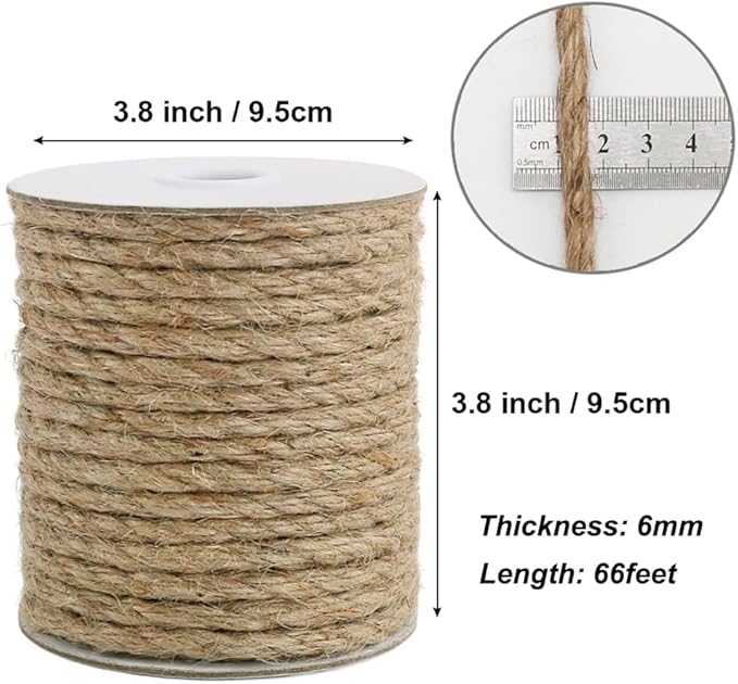 Vivifying 6mm Jute Rope, 66 Feet Natural Heavy Duty Brown Twine for Crafts, Cat Scratching Post, Gardening, Bundling and Hanging