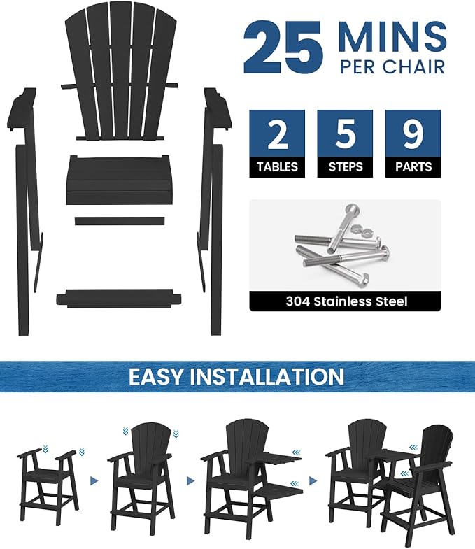 Ciokea Tall Adirondack Chairs Set of 2, HDPE Outdoor Adirondack Bar Stools with Double Connecting Tray, Weather Resistant High Back Adirondack Balcony Chairs for Deck, Lawn, Pool, Backyard, Black