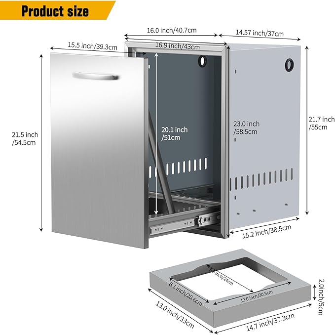 Built-in Single Trash Drawer 17" W x 23" H x 16" D Pull-Out Tray Outdoor Kitchen Stainless Steel Trash Drawer with Handle Storage Trash Bins or Propane Tank for BBQ Island Grill Station