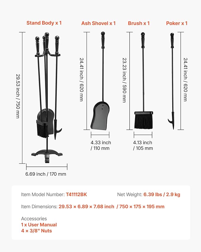 VEVOR Fireplace Tool Set, 4 PCS Fire Tool Set and Holder with Three-Prong Stand, Ash Shovel, Brush, Fire Place Poker, Wrought Iron Fireplace Accessories for Campfire Indoor/Outdoor, Black