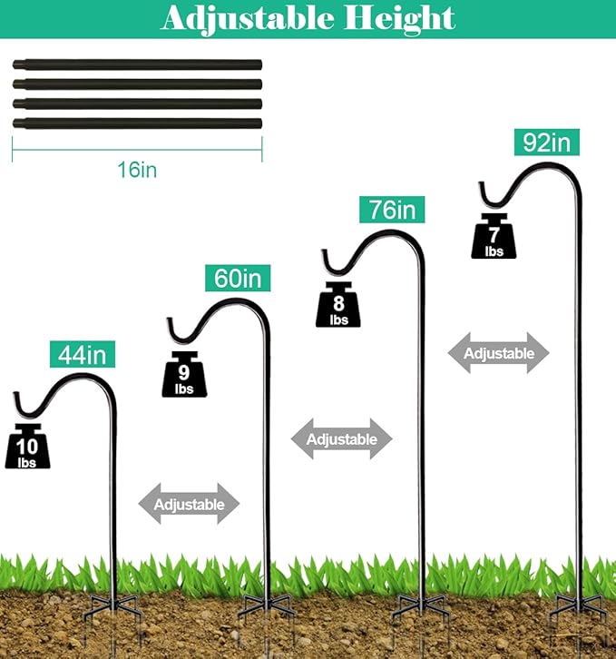 60 Inch Tall Outdoor Shepherds Hook with 5 Prong Base, Adjustable Bird Feeder Pole Hanger for Hanging Outside Birdfeeders, Plant Baskets, Lanterns, Wedding Decor