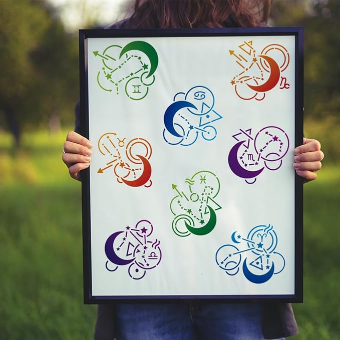 MAYJOYDIY 3pcs 12 Zodiac Signs Stencil 11.8×11.8inch 12 Constellations Symbols Stencils with Paint Brush Astrological Horoscope Drawing Template for Craft Furniture Fabric Wall