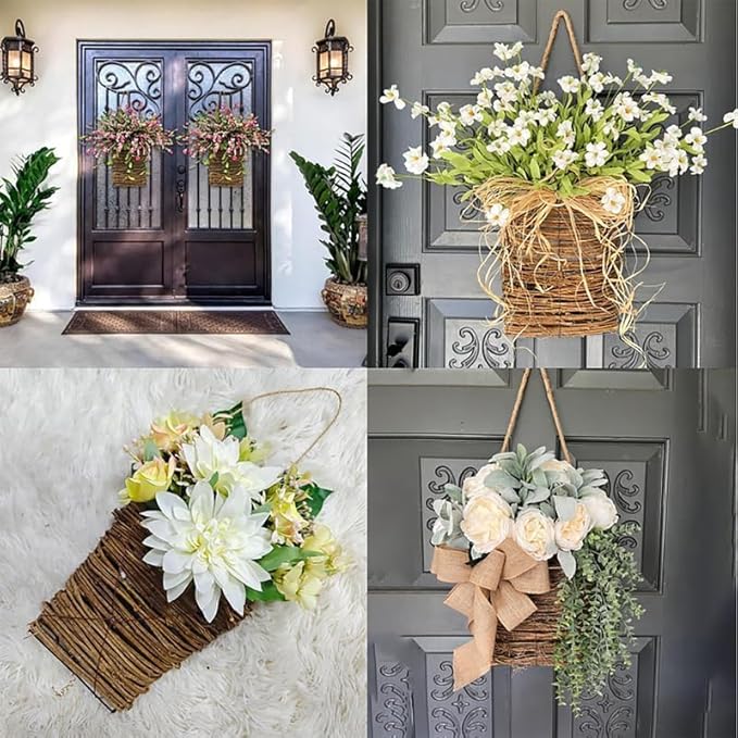Cream Hydrangea Door Hanger Basket Wreath, 2024 Wildflowers Door Hanging Basket Wreath, Front Door Beautiful Artificial Spring and Summer Wreath Welcome Sign, Home Porch Farmhouse Decor