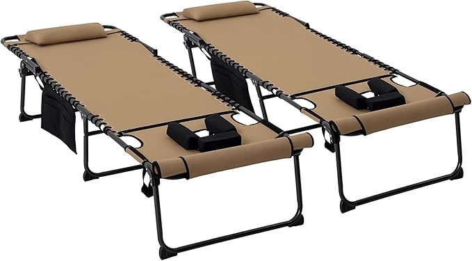 Outsunny 2 Piece Folding Chaise Lounge with 5-Level Reclining Back, Tanning Chair with Face Hole, Outdoor Lounge Chair with Side Pocket & Headrest for Beach, Yard, Patio, Beige