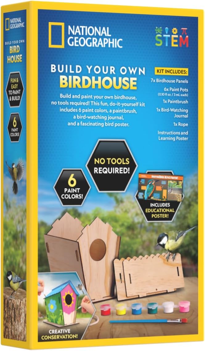NATIONAL GEOGRAPHIC Creative Conservation™ Build Your Own Birdhouse Kit – DIY Wooden Birdhouse Craft with Paints, Brush, Bird-Watching Journal & Educational Poster for Kids, Bird House Craft
