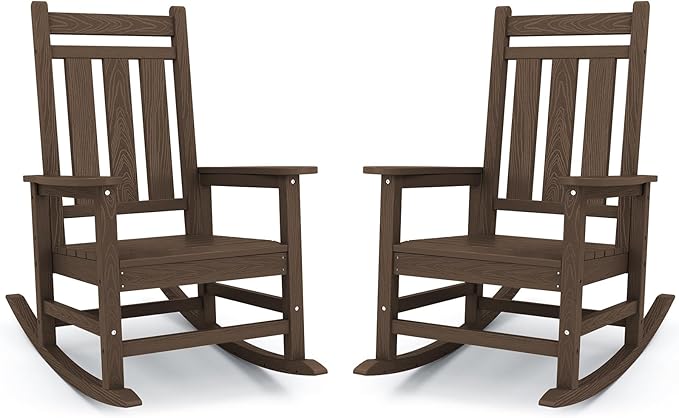 KINGYES Oversized Outdoor Rocking Chair Set of 2, All-Weather Patio Rocking Chairs for Porch, HDPE Outdoor Patio Rockers with High Back & Wide Seat for Garden, Lawn, Brown