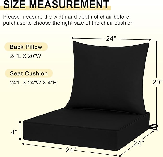 downluxe Outdoor Chair Cushions 24x24 with Removable Cover, Waterproof Patio Furniture Cushions, Deep Seat Cushions for Outdoor Furniture with Backrest for Sofa, Couch and Patio Chairs, Black