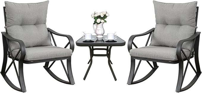 COSIEST 3 Piece Bistro Set Patio Rocking Chairs Outdoor Furniture w Warm Gray Cushions, Glass-Top Table for Garden, Pool, Backyard