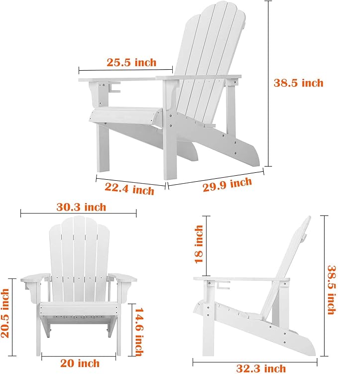 Adirondack Chair Weather Resistant , Hard Plastic Adirondack Chair with Cup Holder, Comfortable Easy to Assemble and Maintain, Outdoor Chair for Patio, Backyard Deck, Fire Pit Lawn Porch - White