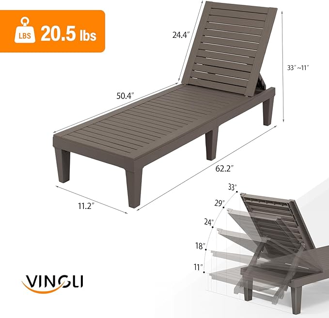VINGLI Outdoor Chaise Lounge Chair Set of 2, Waterproof Outdoor Lounge Chair with 5-Level Adjustable Backrest, Patio Chaise Lounges for Garden, Pool, Beach Patio Deck Sunbathing (Light Taupe, 2 PCS)