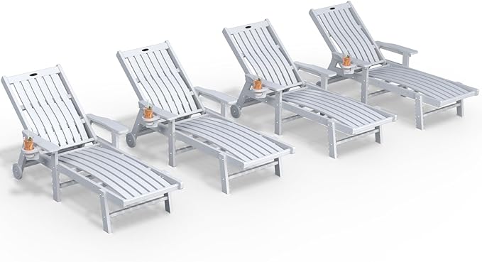 Patio Chaise Lounge Chair Set of 4, Oversized Lounge Chair Outdoor with 5 Positions, HDPE, Patio Lounge Chair with Wheels & Cup Holder for Pool, Deck, Poolside,White