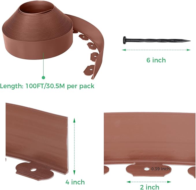 4-Inch x 100 FT Landscape Edging Border with 150 Stakes, Plastic Garden Edging Border Kit, Flexible No Dig Lawn Edging Border for Garden Flower Beds Yard Pathway Paver (Brown)