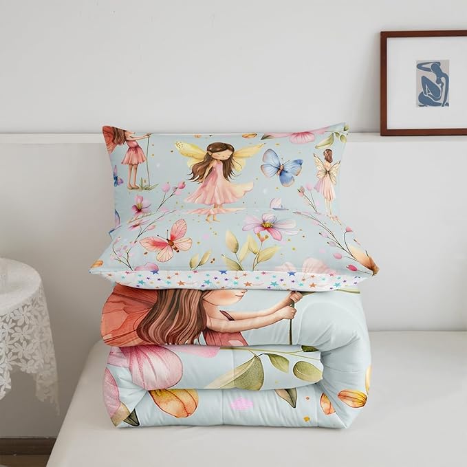 Erosebridal Floral Fairy Queen Comforter Set,Dreamy Fairy Garden Bedding Sets for Girls Kids,Cute Butterfly Flower Quilt Bed Set,Pink Girly Princess Bedroom Decor,2 Pillowcases Lightweight