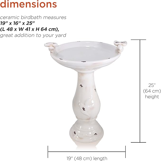 Alpine Corporation 25" Tall Outdoor Antique Ceramic Birdbath with 2 Bird Figurines - Vintage Style Garden Bird Bath Bowl for Patio, Yard, Lawn Decor, Light Brown