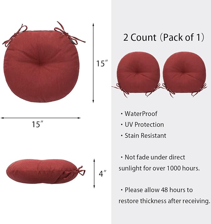 FUNHOME Bistro Chair Cushions 15 inch,Set of 2,Tufted Round Chair Cushions with Ties,15"x15"x4",Water Resistant Round Seat Cushion for Barstool Chairs,Patio Garden Kitchen Outdoor Furniture(Dark Red)