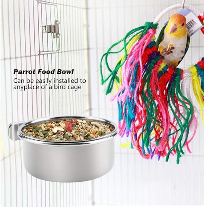PINVNBY 2PCS Parrot Feeding Cups Birds Food Dish Stainless Steel Parrot Feeders Water Cage Bowls with Clamp Holder for Cockatiel Conure Parakeet Parrot Macaw Small Animal (Size: L)