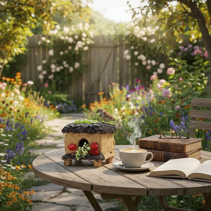 Seeded Birdhouse for Outside with Fruit, Wooden Bird House for Wren, Finch, Bluebird,Cardinal, Hanging Seeded Birdfeeder, Bird Seeds Decorated Weather Proof, More Fun Birding (Villa)
