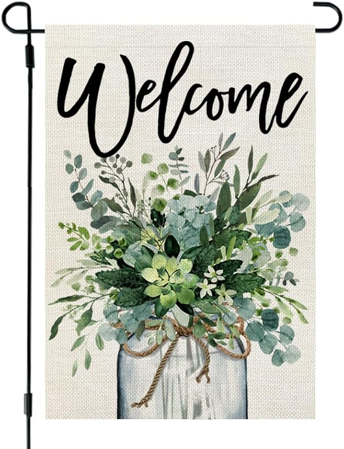CROWNED BEAUTY Spring Eucalyptus Mason Jar Garden Flag 12x18 Inch Double Sided for Outside Welcome Burlap Small Yard Flag Green