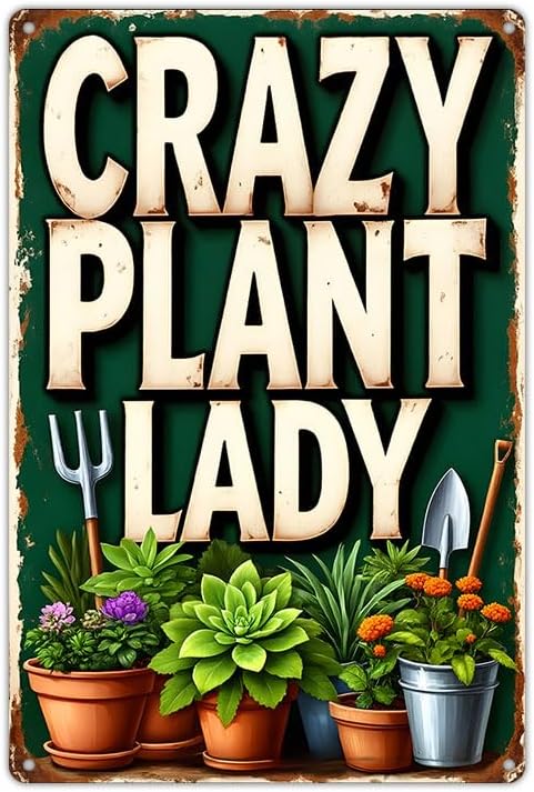 Funnysign Vintage Crazy Plant Lady Tin Sign, Funny Rustic Garden Wall Decor with Succulents & Potted Plants, Metal Wall Art for Patio, Porch, Greenhouse, Plant Room or Home, 8x12 Inch (9816)
