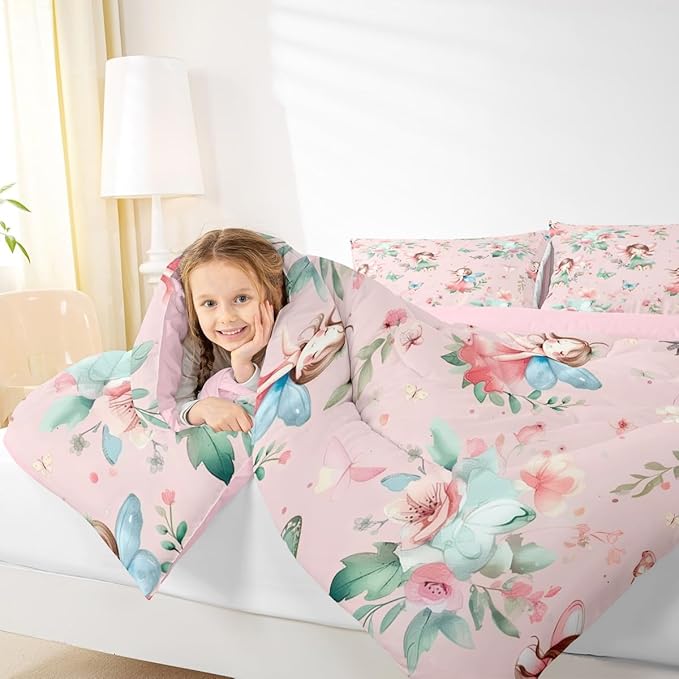 Erosebridal Fairy Garden King Comforter Set - Butterfly & Floral Bedding Sets for Girls Kids, Pink Green Flowers Fairies Bed Set | Aesthetic Flower Cute Room Decor with 2 Pillowcases