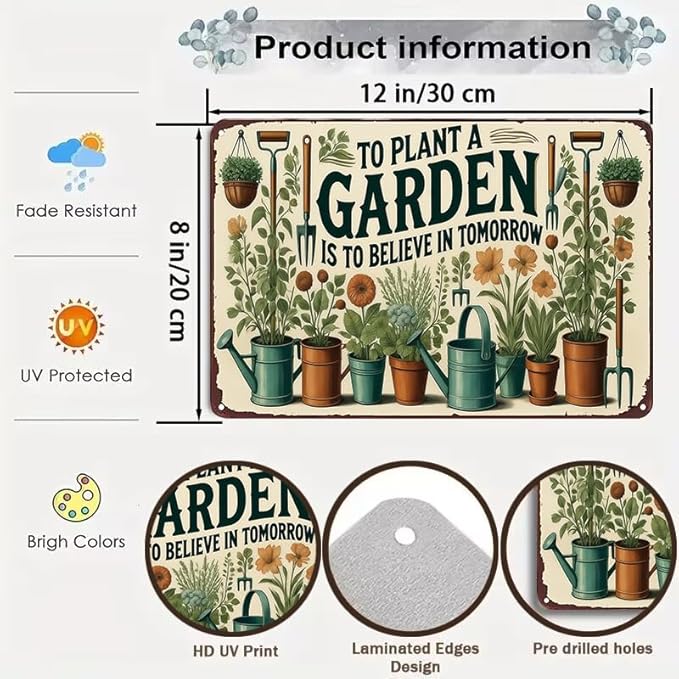 Funnysign Plant Gifts To Plant A Garden Is To Believe In Tomorrow Vintage Tin Sign for Home Garden Patio Yard Decor 8 X 12 Inch (3983)