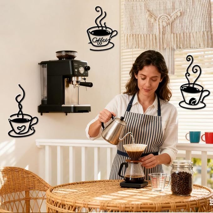 Kitchen Coffee Bar Metal Wall Decor - 3 Pack Rust-Proof Wall Art with Cup, Bean & Heart - Home Bar Signs for Indoor & Outdoor, Living Room, Kitchen, Garden - Housewarming Gift for Coffee & Tea Lovers