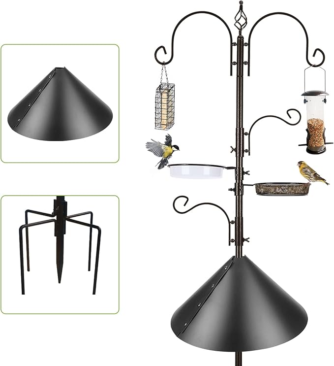Bird Feeder Pole with Squirrel Baffle - Deluxe Feeder Station Kit Includes Suet Cage, Wild Bird Feeders & Planter Hanger for Garden, Yard