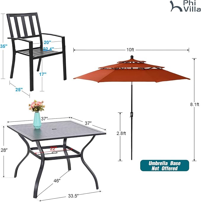 PHI VILLA 5 Piece Outdoor Dining Set with 10ft Umbrella, 37" Square Metal Dining Table & 4 Stacking Metal Chair with 3 Tier Red Umbrella for Patio, Deck, Yard, Porch