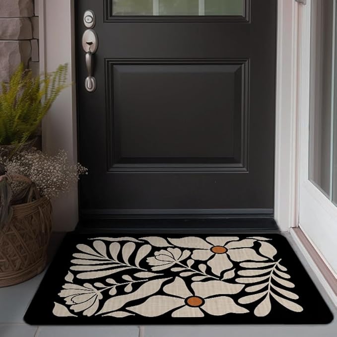 Boho Beige and Black Floral Door Mat - Bohemian Neutral Floral Front Door Welcome Mats Outdoor Entrance, 17x30 Rug