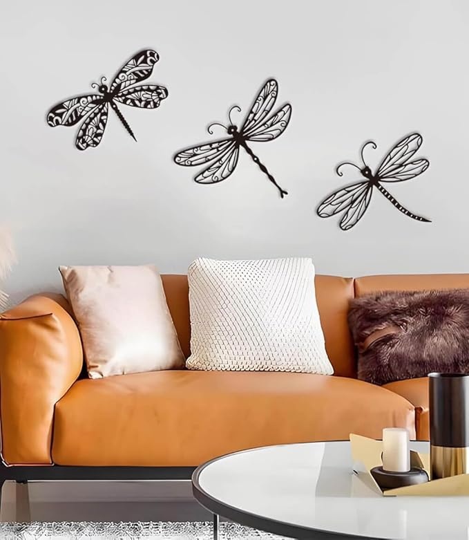 Large 14.56" Dragonflies Metal Wall Decor - 3 Pack Rust-Proof Garden Art Dragonfly Wall Hanging Sculpture for Outdoor & Indoor Yard Fence Outside Decorations - Insects Gift for Women & Nature Lovers