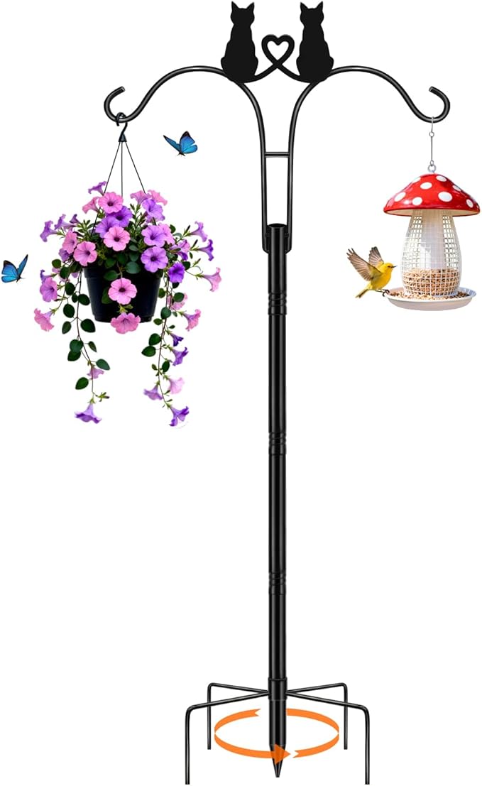 Double Shepherds Hooks for Outdoor, 1 Pack 78 Inch Bird Feeder Pole with 5 Prongs Base, Adjustable Heavy Duty Plant Hangers Cat Art for Outdoor Plants Hummingbird Feeder Hanging Basket Lantern