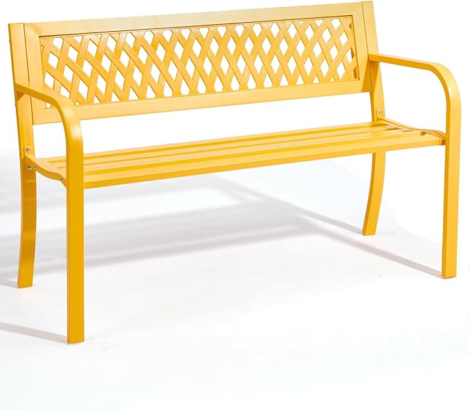 Outvita Outdoor Bench, 47" Iron Steel Frame Garden Bench with Mesh Pattern and Plastic Backrest Armrests, Patio Bench for Garden Park Yard Front Porch Patio, Yellow