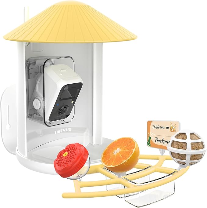 NETVUE by Birdfy Pro Perch - Wider Extension Perch to DIY Add-ons Including Suet Ball, Mini Hummingbird Feeder, Fruit Holder, Jelly Feeder and Welcome Card, Ideal for Bird Lover (Yellow)