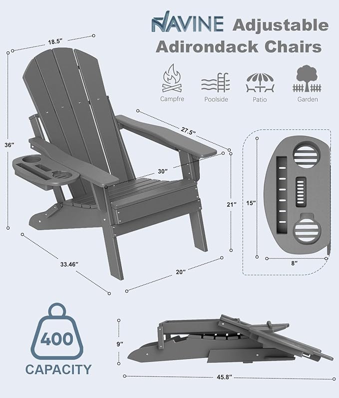Adjustable Adirondack Chair Set of 8 with Cup Holder, All Weather HDPE Fire Pit Chairs for Deck, Backyard, Patio, Grey