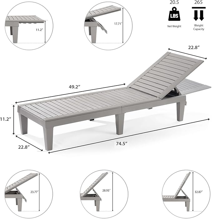 Nestl Patio Chairs - Grey Chaise Lounge Chair Outdoor, 5-Position Adjustable Sun Tanning Chair, Waterproof Pool Lounge Chairs Set of 2, Reclining Lawn Chair, Lightweight Outdoor Lounge Chairs