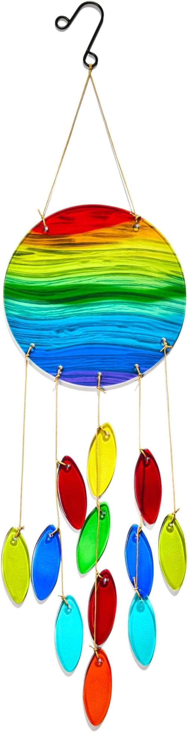 YU FENG Rainbow Stripe Double Disc Glass Wind Chime - Colorful Hanging Decor for Patio, Window & Garden