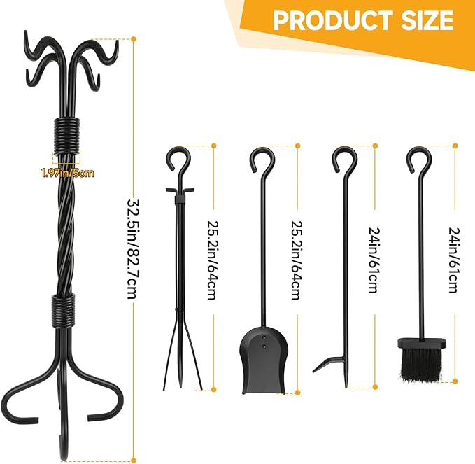 5-Piece Fireplace Tools Set Wrought Iron - NO Assembly - Heavy Duty 32" Solid Steel Fire Poker Set for Outdoor Fire Pit & Wood Stove - Fire Place Set with Tongs, Shovel, Brush, Stand