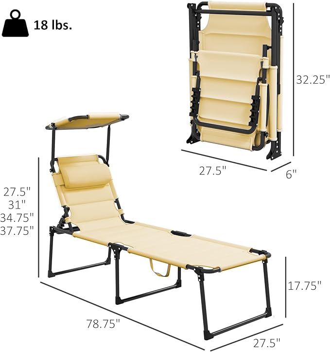 Outsunny Outdoor Lounge Chair, Adjustable Backrest Folding Chaise Lounge, Cushioned Tanning Chair with Sunshade Roof & Pillow Headrest for Beach, Camping, Hiking, Cream White