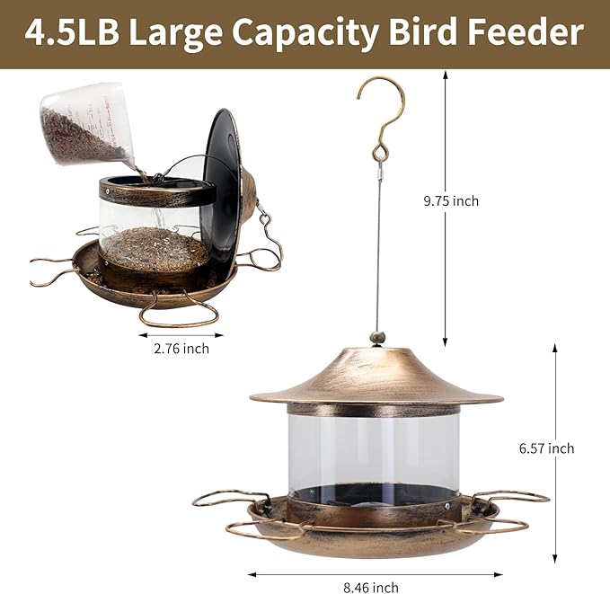 Bird Feeder for Outdoors Hanging, Heavy Duty Metal Bird Feeder for Wild Birds, 4.5Lbs Large Capacity Weatherproof Birdfeeder for Outside Garden Yard,Easy to Clean and Fill, (Bronze)