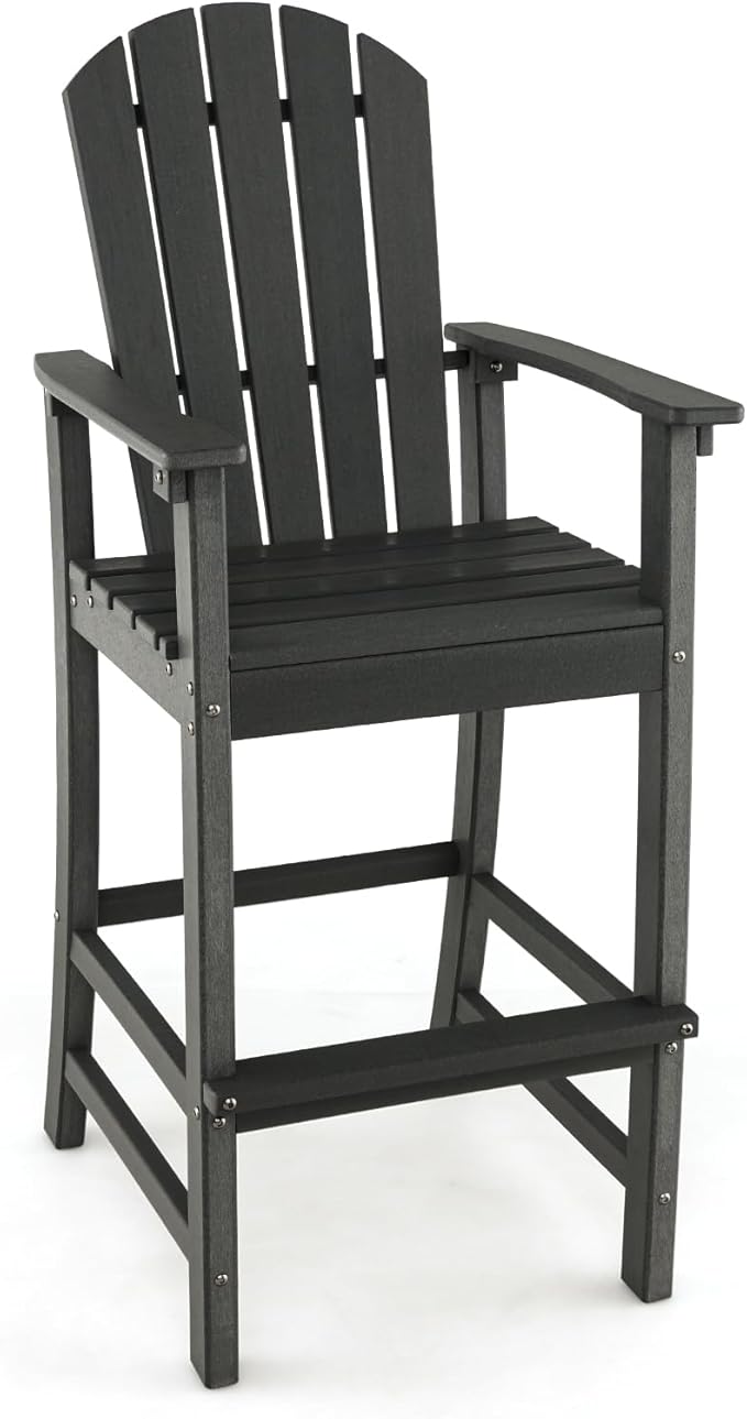 Giantex Outdoor HDPE Bar Stool, Tall Adirondack Chair with Armrests and Footrest, 30 Inches Counter Height Bar Stool for Garden, Backyard, Weather Resistance, Easy Maintenance (1, Black)