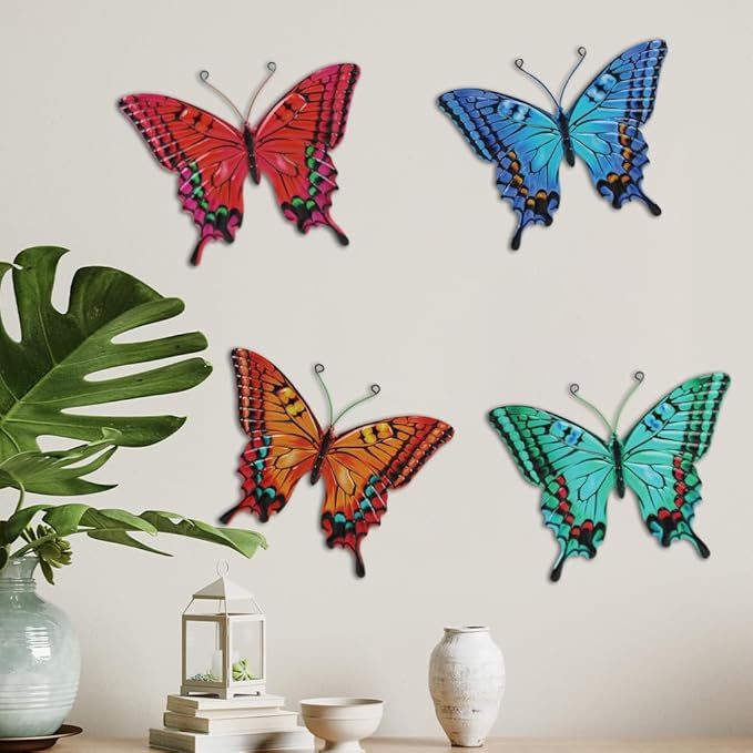 4 Pack Butterfly Wall Decor Art, Vivid Butterflies Outdoor Metal Wall Art with Colorful Pattern, Outdoor Garden Yard Fence Patio Decor Gift for Women Mom
