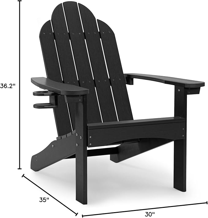 LUE BONA HDPS Adirondack Chairs Set of 4, Fire Pit Outdoor Chair Weather Resistant with Cup Holder, Modern Plastic Chair Plastic for Patio, Deck, Proch, Hotel, Resort, 350LBS, Black