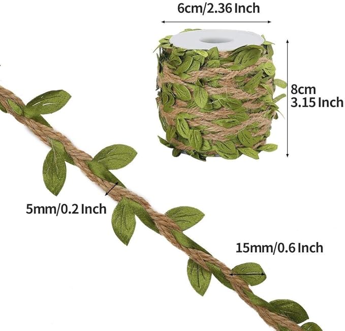 Tenn Well Burlap Leaf Ribbon, 132Feet 5mm Jute Twine Vine with Artificial Leaves for Crafts, Wedding, Jungle Party Decor (2PCS x 66Feet)