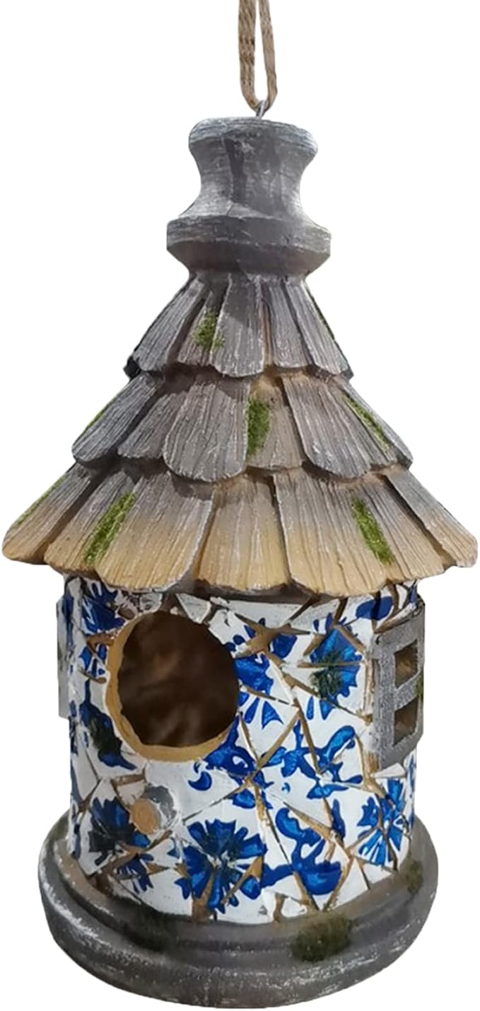 Bird House for Outdoor with Pole Garden Decor Hanging Birdhouses Weatherproof BirdNest for Outside Bluebird, Finch, Wren, Chickadee, Wild Birds Big Size Resin White Bule